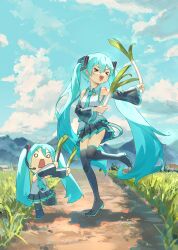 &gt;_&lt; 2girls 39 :d absurdres aqua_eyes aqua_hair aqua_nails black_boots black_skirt black_sleeves blue_necktie boots chi_chi3939 cloud cloudy_sky commentary dancing detached_sleeves dirt_road dual_wielding food grey_shirt hachune_miku hair_between_eyes hair_ornament hatsune_miku headset highres holding holding_food holding_spring_onion holding_vegetable long_hair miku_day mountainous_horizon multiple_girls necktie number_tattoo open_mouth outdoors pleated_skirt road shirt skirt sky sleeveless sleeveless_shirt smile spring_onion tattoo thigh_boots thighhighs twintails vegetable very_long_hair vocaloid xd zettai_ryouiki