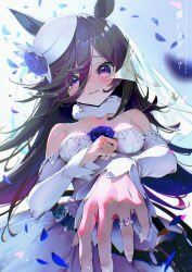 1girl absurdres alternate_color animal_ears asymmetrical_bangs bare_shoulders black_hair blue_eyes blue_flower blue_rose breasts brown_hair choker commentary_request dagger dress eyes_visible_through_hair flower from_below fur_choker hair_over_one_eye happy_tears hat hat_flower highres horse_ears horse_girl horse_tail jewelry knife long_bangs long_hair long_sidelocks looking_at_viewer off-shoulder_dress off_shoulder otokoe outstretched_hand partial_commentary purple_eyes reaching reaching_towards_viewer rice_shower_(umamusume) ring rose scabbard sheath sheathed sidelocks small_breasts solo tail tearing_up tears tilted_headwear translated umamusume weapon wedding_ring white_background white_choker white_dress white_hat