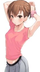 1girl arms_behind_head asymmetrical_bangs blush bra_strap breasts brown_hair collarbone commentary_request cowboy_shot grey_skirt hair_between_eyes highres k3rd looking_at_viewer misaka_mikoto parted_lips pink_scrunchie pink_shirt scrunchie shirt short_hair simple_background skirt small_breasts solo toaru_kagaku_no_railgun toaru_majutsu_no_index twisted_torso tying_hair white_background wrist_scrunchie