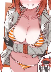 1girl a.i._voice absurdres adachi_rei alternate_costume arm_under_breasts bikini black_gloves black_shirt blush breast_focus breasts cleavage collared_shirt commentary_request cowboy_shot drooling gloves grin hair_ribbon head-mounted_display head_out_of_frame headlamp highres horizontal-striped_clothes jacket large_breasts long_sleeves microphone navel noir_(noire6959) open_clothes open_jacket orange_background orange_hair radio_antenna ribbon shirt smile striped_bikini striped_clothes swimsuit utau white_jacket white_ribbon