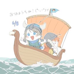 ahoge blue_eyes boat brown_hair chibi dated dracham highres love_live! love_live!_sunshine!! ocean orange_hair short_hair simple_background takami_chika uchicchi viking watanabe_you water watercraft