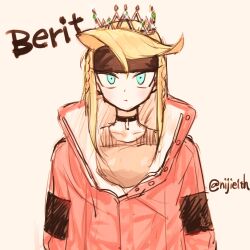1girl berit_(eisu) blonde_hair blue_eyes braid choker coat crown eisu_(eith) hair_between_eyes headband highres long_hair original sepia sidelocks simple_background swept_bangs tank_top twin_braids white_background