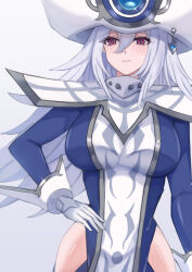Rule 34 | 1girl, blue dress, breasts, cowboy shot, dress, duel monster, fullborem, gloves, grey background, grey hair, hat, highres, hip vent, large breasts, long hair, purple eyes, silent magician, simple background, solo, white gloves, white hat, yu-gi-oh!