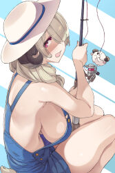 1girl animal_ears asymmetrical_bangs back bare_back blonde_hair blue_overalls breasts curled_horns denim fishing fishing_line fishing_rod hair_over_one_eye hat highres horns indie_virtual_youtuber inori_marie kouya_no_naga_samurai large_breasts long_hair looking_at_viewer looking_back mascot naked_overalls no_bra one_eye_covered open_mouth overalls red_eyes sagging_breasts sheep_ears sheep_girl sheep_horns sheep_tail sideboob simple_background solo squatting suspenders tail thighs thomasz virtual_youtuber white_hat