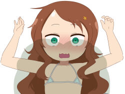 Rule 34 | 1girl, absurdres, alechon, ass shadow, bikini, blue bikini, blush, breasts, brown hair, green eyes, highres, kobayashi-san chi no maidragon, long hair, looking at ass, looking at viewer, open mouth, saikawa riko, shadow, simple background, small breasts, solo, swimsuit, upper body, white background