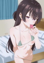 1girl absurdres armpit_crease artist_name audirenze bed bedroom bikini blush breasts brown_hair collarbone condom condom_wrapper green_bikini groin highres long_hair looking_at_viewer medium_breasts micro_bikini navel nipples one_breast_out sidelocks smile stomach suou_yuki swimsuit thighs tokidoki_bosotto_roshia-go_de_dereru_tonari_no_alya-san