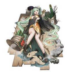 1girl @_@ ^^^ aiming aiming_at_viewer bamboo black_haori black_hat blush boots breasts broken brown_boots bullet_hole cleavage floral_print floral_print_kimono flower full_body girls&#039;_frontline green_eyes green_hair gun hair_between_eyes hair_ribbon haori hat highres holding holding_gun holding_weapon japanese_clothes kadomatsu kimono lace-up_boots large_breasts long_hair long_sleeves looking_at_viewer lying micro_uzi micro_uzi_(girls&#039;_frontline) micro_uzi_(new_maple_silhouette)_(girls&#039;_frontline) no_socks obi official_alternate_costume official_art on_back on_floor open_mouth print_kimono red_flower red_ribbon renlili ribbon rubble sash scarf simple_background smoke solo third-party_source torn_clothes torn_kimono translation_request transparent_background trembling twintails unworn_hat unworn_headwear v-shaped_eyebrows very_long_hair weapon white_scarf wooden_floor yellow_kimono yellow_sash