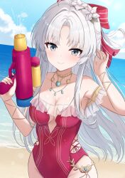 1girl aqua_eyes bare_shoulders blue_sky bow breasts carlotta_(wuthering_waves) casual_one-piece_swimsuit closed_mouth collarbone commentary cowboy_shot cross-laced_clothes cross-laced_one-piece_swimsuit day groin hair_bow hand_up highres holding holding_water_gun holding_weapon long_hair looking_at_viewer medium_breasts ocean official_alternate_costume one-piece_swimsuit outdoors parted_bangs pink_bow pink_one-piece_swimsuit sand shore sky smile solo striped_bow swimsuit touhourh very_long_hair water water_gun weapon white_hair wuthering_waves