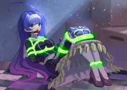 Rule 34 | 1girl, absurdres, ahoge, ball gag, bdsm, blue eyes, blue hair, blush, bondage, bound, bound ankles, bound arms, bound legs, bound torso, bound wrists, breast bondage, breasts, cailin020, dress, gag, gagged, glowing rope, green rope, hairband, high heels, highres, huge ahoge, large breasts, long hair, looking at viewer, magic bondage, on floor, orie ballardiae harada, restrained, rope, shibari, shibari over clothes, solo, thighhighs, under night in-birth, very long hair, white hairband, white thighhighs