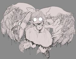 1girl anoponp cape cookie_(touhou) feathered_wings flying full_body greyscale hide_(acceed) highres japhet long_hair looking_at_viewer manatsu_no_yo_no_inmu monochrome nadeko_(cookie) o_o off_(game) offside:_diyusi open_mouth reiuji_utsuho shirt simple_background skirt smile solo touhou wings
