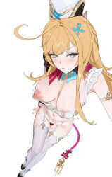 1girl aqua_eyes bandeau blonde_hair breasts closed_mouth escoffier_(genshin_impact) from_above garter_belt genshin_impact large_breasts long_hair looking_at_viewer maebari nipple_slip nipples sawaki_ken simple_background solo thighhighs white_background white_bandeau white_garter_belt white_thighhighs