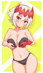 1girl bare_shoulders black_bra black_panties bra breasts collarbone colored_skin cougar_(cougar1404) cowboy_shot dragon:_marked_for_death empress_(dmfd) large_breasts looking_at_viewer multicolored_skin navel open_bra panties red_eyes red_skin scar scar_on_face solo tiara two-tone_skin underwear white_hair yellow_background