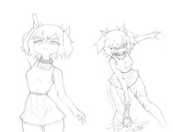 1girl 1other 4chan blood blood_on_face blood_on_leg bow breasts bury_pink_gril closed_mouth collarbone drawfag dress english_text frilled_dress frills frlls greyscale hair_bow hitting holding holding_mace holding_weapon mace medium_breasts monochrome out_of_frame shaded_face sketch spiked_mace spikes teeth twintails weapon