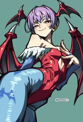 1girl absurdres animal_print bare_shoulders bat_print blue_pantyhose blush cowboy_shot cutout_above_navel darkstalkers demon_girl demon_wings flat_chest green_background head_wings highres komatsuki_n leotard lilith_(darkstalkers) multiple_wings pantyhose print_pantyhose purple_hair red_eyes red_leotard red_wings short_hair simple_background smile solo twitter_username wings