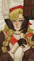 2024 2girls absurdres aqua_eyes arm_out_of_sleeve artist_name black_gloves blonde_hair braid brown_coat brown_jacket closed_mouth coat flower gloves grey_background hair_flower hair_ornament hand_on_own_wrist hands_on_another&#039;s_cheeks hands_on_another&#039;s_face hands_up headscarf highres jacket long_hair long_sleeves looking_at_viewer multiple_girls red_headscarf red_scarf reverse:1999 ripshinaide scales scarf shirt signature smile solo_focus twin_braids upper_body vila_(reverse:1999) white_flower white_shirt windsong_(reverse:1999)