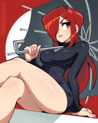 1girl 333_(dqqqdle) breasts covered_navel cross cross_necklace hair_over_one_eye jewelry large_breasts long_hair necklace open_umbrella parasoul_(skullgirls) red_eyes red_hair skullgirls solo sweater thighs umbrella