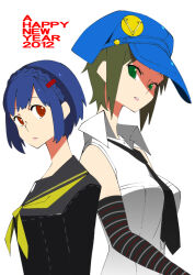 2012 2girls bare_shoulders black_necktie black_sailor_collar black_shirt blue_hair blue_hat braid brown_eyes collared_shirt commentary_request crown_braid english_text green_eyes green_hair happy_new_year hat hei_jin height_difference highres long_sleeves looking_at_another looking_to_the_side marie_(persona_4) multiple_girls nakamura_aika neckerchief necktie new_year newsboy_cap persona persona_4 persona_4_the_animation persona_4_the_golden sailor_collar school_uniform shirt simple_background white_background white_shirt yasogami_school_uniform yellow_neckerchief
