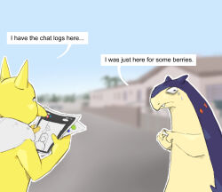 2024_pokemon_teraleak 2boys colored_skin creatures_(company) edp445 english_text game_freak gen_1_pokemon gen_2_pokemon highres hypno index_fingers_together kakolbus looking_to_the_side meme multiple_boys nervous nintendo outdoors pokemon speech_bubble sweat trait_connection typhlosion yellow_skin