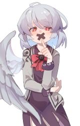 1girl absurdres ahoge bow bowtie dress feathered_wings grey_hair grey_wings gumingdi_ban highres index_finger_raised jacket kishin_sagume long_sleeves looking_at_viewer open_clothes open_jacket purple_dress red_bow red_bowtie red_eyes short_hair simple_background single_wing solo touhou white_background wings