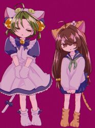 2girls ahoge animal_hat brown_eyes brown_hair cat_hat cat_tail dejiko di_gi_charat dress eyelashes green_hair green_neckerchief hat long_hair mi_oxo_9m mittens multiple_girls neckerchief parted_lips puchiko puffy_short_sleeves puffy_sleeves shirt short_sleeves simple_background tail very_long_hair white_mittens white_shirt