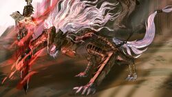1boy armor boss_fight commentary elden_ring english_commentary furry furry_female gauntlets greatsword greaves highres holding holding_sword holding_weapon long_hair male_focus maliketh_the_black_blade open_mouth rashuu red_aura sharp_teeth solo sword teeth wavy_hair weapon white_hair