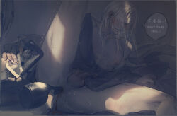 2boys alcohol anal anal_object_insertion blush bottle cellphone_photo chinese_text commentary crisis_core_final_fantasy_vii english_commentary english_text erection final_fantasy final_fantasy_vii heavy_breathing highres holding holding_phone lazard_deusericus leg_lift looking_down luluzhang998873 male_focus multiple_boys nipples no_pants object_insertion open_clothes open_robe penis phone robe sephiroth shaking speech_bubble spread_legs testicles wine wine_bottle yaoi