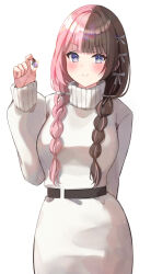 1girl arm_at_side belt black_belt black_nails blue_eyes blunt_ends blush bow braided_twintails breasts brown_hair choppy_bangs closed_mouth commentary cowboy_shot diamond_(gemstone) dress gem grey_bow grey_sweater hair_bow hair_intakes hair_over_shoulder hand_up highres holding holding_gem large_breasts long_hair looking_at_viewer multicolored_hair nail_polish pink_hair pink_nails sidelocks simple_background smile solo split-color_hair split_mouth standing straight-on sweater sweater_dress symbol-only_commentary tachibana_hinano turtleneck turtleneck_sweater v-shaped_eyebrows virtual_youtuber vspo! white_background yoto_4102