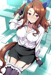 1girl animal_ears anime_coloring black_garter_straps black_gloves black_skirt black_thighhighs breasts brown_hair chair cleavage closed_mouth collarbone commentary_request computer computer_keyboard garter_straps gloves hair_between_eyes hair_ribbon highres horse_ears horse_girl horse_tail king_halo_(umamusume) long_hair looking_at_viewer medium_breasts monitor nakahira_guy office_lady red_eyes ribbon shirt sidelocks sitting skirt sleeve_rolled_up smile solo tail thighhighs umamusume white_shirt