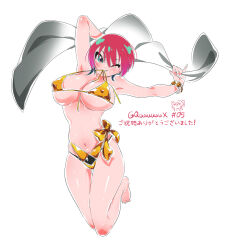 1girl amate_yuzuriha aqua_eyes bare_shoulders barefoot bikini blush bracelet breasts covered_erect_nipples episode_number gold_bikini golden_week_bikini gundam gundam_gquuuuuux highres holding jewelry large_breasts mouth_hold one_eye_closed parted_lips red_hair shiny_skin short_hair solo sweat swimsuit underboob white_background zenbi_(yakumo_0624)