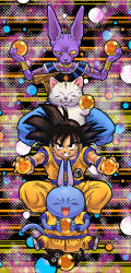 4boys animal bare_arms beerus black_cat black_eyes black_hair blue_pants boots bracelet cat character_request dougi dragon_ball dragon_ball_(object) dragonball_z closed_eyes fingernails full_body grin holding jewelry karin_(dragon_ball) looking_at_viewer male_focus multicolored_background multiple_boys muscular necklace neko_majin_(series) open_mouth outstretched_arms pants serious short_hair smile son_goku spiked_hair staff stargeyser tail tama_(dragon_ball) teeth whiskers white_cat wristband