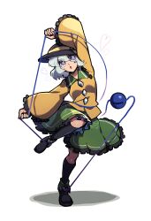 1girl :o black_boots black_hat boots bright_pupils frilled_shirt_collar frills full_body green_skirt grey_eyes grey_hair hat hat_ribbon heart highres iganashi1 komeiji_koishi one-hour_drawing_challenge open_mouth ribbon shirt short_hair simple_background skirt solo standing standing_on_one_leg third_eye touhou white_background white_pupils yellow_ribbon yellow_shirt