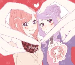 Rule 34 | 2girls, 3girls, blue eyes, blush, brown hair, diana (akutsuka), double finger heart, dress, female pov, finger heart, genkai ol-san wa akuyaku reijou-sama ni tsukaetai, hand up, heart, heart hands, long hair, long sleeves, looking at viewer, multiple girls, natori midori, pov, shinonome neko-tarou, signature, smile, upper body, yuri