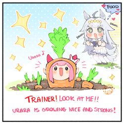2girls :3 afterimage ahoge animal_ears arms_up artist_name big_belly blue_background blue_bow blue_eyes blush_stickers border bow brown_shoes carrot chibi chibi_only commentary diamond_hairband dirt ear_bow english_commentary english_text fork furrowed_brow grass grey_hair hair_flaps haru_urara_(umamusume) heart highres holding holding_fork holding_knife horse_ears horse_girl horse_tail horseshoe_ornament knife loafers long_hair long_sidelocks looking_at_another looking_at_viewer midriff motion_lines multicolored_hair multiple_girls musical_note navel notice_lines oguri_cap_(umamusume) open_mouth pink_hair pleated_skirt polka_dot polka_dot_background sailor_collar saliva school_uniform shibedraws shoes sidelocks skirt sparkle sparkling_eyes speech_bubble tail tail_wagging thighhighs thought_bubble tracen_school_uniform twitter_username two-tone_hair umamusume very_long_hair watermark white_border white_bow white_hair white_sailor_collar white_skirt white_thighhighs zettai_ryouiki