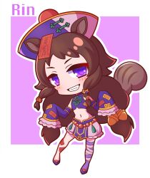 Rule 34 | 1girl, absurdres, animal ears, bandaged leg, bandages, bare shoulders, brown hair, character name, chibi, commentary request, crop top, detached sleeves, full body, grin, hat, highres, long hair, long sleeves, looking at viewer, navel, ofuda, outline, pink background, pink skirt, princess connect!, purple eyes, purple hat, purple shirt, purple shoes, purple sleeves, purple thighhighs, qingdai guanmao, rin (princess connect!), saishosaisekojo, shirt, shoes, simple background, single thighhigh, skirt, sleeves past fingers, sleeves past wrists, smile, solo, squirrel ears, squirrel girl, squirrel tail, standing, tail, thighhighs, very long hair, white outline
