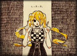 1girl absurdres asagi_kino bandage_over_one_eye black_dress black_eyes blank_eyes blonde_hair buttons checkered_clothes checkered_dress choker collarbone commentary_request cross-laced_clothes cross-laced_dress dress floating_hair frilled_choker frilled_dress frills hands_up hatsune_miku highres long_hair masking_tape_(medium) mixed_media n-aa-aa._(vocaloid) open_mouth pointing pointing_up short_sleeves sidelocks solo song_name spot_color teeth traditional_media twintails unconventional_media upper_body upper_teeth_only very_long_hair vocaloid white_choker white_dress