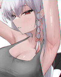 1girl absurdres alternate_costume armpits arms_up bare_arms bare_shoulders black_wings blue_archive blush bow braid breasts chromatic_aberration cleavage crossed_bangs demon_wings grey_hair grey_tank_top hair_between_eyes hair_bow hair_ribbon half-closed_eyes haruna_(blue_archive) highres large_breasts liiigang long_hair looking_at_viewer parted_lips presenting_armpit red_bow red_eyes red_ribbon ribbon ribbon_braid side_braid sideboob simple_background single_braid solo sweat tank_top upper_body white_background wings