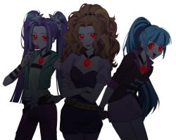 3girls :d adagio_dazzle adagio_dazzle_(human) aegyo_sal amulet aria_blaze aria_blaze_(human) belt belt_buckle blue_hair blunt_bangs bracelet breasts buckle candy cleavage commentary_request cowboy_shot crossed_arms curly_hair dark demon_girl evil_eyes evil_smile fingerless_gloves food gloves glowing glowing_eyes glowing_jewelry glowing_neckwear hair_ornament hand_on_own_hip jewelry leaning_forward lollipop looking_at_viewer miniskirt multicolored_hair multiple_girls my_little_pony my_little_pony:_equestria_girls my_little_pony:_friendship_is_magic necklace open_mouth orange_hair parted_lips pendant_choker ponytail purple_eyes purple_hair raised_eyebrow red_eyes shaded_face shadow sidelocks simple_background single_fingerless_glove skirt slit_pupils smile smirk sonata_dusk sonata_dusk_(human) spiked_bracelet spikes standing star_(symbol) star_hair_ornament streaked_hair twintails two_side_up white_background wristband xieyanbbb