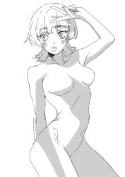 1girl arm_behind_leg breasts collarbone completely_nude cowboy_shot medium_breasts minoshima_ayaka monochrome navel no_nipples nude original piercing protected_link short_hair sideways_glance simple_background sketch solo tongue tongue_out tongue_piercing v white_background