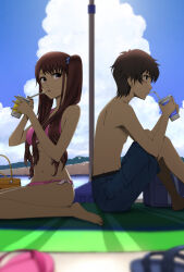 1boy 1girl akazawa_izumi another back-to-back barefoot beach beach_towel bikini blue_male_swimwear blue_ribbon blue_sky breasts brown_hair cloud cloudy_sky commentary_request commission cup day disposable_cup drinking drinking_straw from_side hair_ribbon holding holding_cup long_hair lsxilo male_swimwear navel outdoors parted_lips pink_bikini ribbon sakakibara_kouichi sandals short_hair sideways_glance sitting skeb_commission sky small_breasts swimsuit topless_male towel twintails unworn_sandals wariza