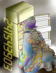 Rule 34 | 1girl, 241543903, female focus, gradient background, japanese clothes, kusuriuri (mononoke), male focus, meme, moegi kaoru, mononoke, obi, refrigerator, sash, sitting, solo