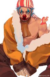 Rule 34 | 1boy, ascot, bandana, blue hair, brown ascot, brown coat, buggy the clown, chromatic aberration, closed mouth, clown nose, coat, earrings, facepaint, fur-trimmed coat, fur trim, highres, jewelry, looking to the side, male focus, one piece, pectorals, short hair, signature, simple background, sitting, solo, sparse stubble, striped bandana, vamos mk, white background