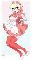 1girl apron blonde_hair border breasts clenched_hand dress gallaxi gloves gradient_background hair_between_eyes hand_on_own_chest hat high_heels highres looking_to_the_side medium_breasts nurse nurse_cap one_eye_closed open_mouth original pink_dress pink_gloves pink_hat pink_thighhighs puffy_short_sleeves puffy_sleeves red_eyes short_hair short_sleeves signature skindentation solo symbol-shaped_pupils teeth thighhighs thighs upper_teeth_only v white_apron white_border x-shaped_pupils