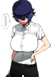 1girl alternate_breast_size black_pants blue_hair blue_hat breasts cowboy_shot hands_on_own_hips hat henriiku_(ahemaru) highres huge_breasts newsboy_cap pants persona persona_4 shirogane_naoto shirt short_hair solo white_background white_shirt