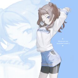 1girl arms_behind_head arms_up bike_shorts bike_shorts_under_shorts blue_eyes blue_shorts breasts brown_hair closed_mouth commentary double_bun gakuen_idolmaster hai_(haihki) hair_bun hanami_saki highres idolmaster long_hair looking_at_viewer medium_breasts one_eye_closed romaji_text short_shorts shorts simple_background solo stretching sweater symbol-only_commentary white_sweater zoom_layer
