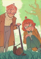 2girls :o aged_down aged_up ahoge aqua-framed_eyewear aqua_eyes blush brown_jacket cane closed_mouth commentary dated dual_persona english_commentary eyelashes glasses grass green_pants grey_hair grey_pants holding holding_cane jacket kyokugen_dasshutsu long_sleeves multicolored_hair multiple_girls old old_woman open_clothes open_jacket open_mouth orange_hair outdoors pants phi_(kyokugen_dasshutsu) seiishin shirt short_hair signature smile snail spoilers squatting standing teeth tinted_eyewear tree two-tone_hair upper_teeth_only white_shirt wrinkled_skin zero_escape:_toki_no_dilemma