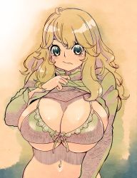 1girl :/ ahoge bikini bikini_under_clothes blonde_hair blush breasts cleavage closed_mouth clothes_lift eyebrows eyelashes facing_viewer female_focus front-tie_bikini_top front-tie_top green_shirt hair_between_eyes highres huge_breasts lifting_own_clothes long_hair long_sleeves looking_at_breasts looking_away looking_down navel original pink_eyes pink_lips ribbon shirt shirt_lift sidelocks skindentation solo stomach sweat swimsuit tareme tsuutenkaaku underboob upper_body wavy_hair