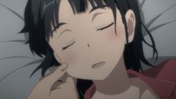 10s animated animated_gif bed black_hair cheek_pinching kirigaya_suguha lowres pinching short_hair sleeping sword_art_online tagme
