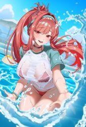 Rule 34 | 2girls, absurdres, aqua hairband, bikini, bikini under clothes, bikini visible through clothes, black choker, blonde hair, blue sky, blush, bracelet, breasts, choker, cleavage, commentary, elegg (boom and shock) (nikke), elegg (nikke), goddess of victory: nikke, green hairband, hairband, highres, jewelry, large breasts, long hair, looking at viewer, multiple girls, navel, official alternate costume, official alternate design, official alternate hair color, open mouth, outdoors, ponytail, pool, rapi (nikke), rapi (red hood) (nikke), rapi (red hood) (red flavor) (nikke), red bikini, red eyes, red hair, see-through clothes, see-through shirt, shirt, sky, smile, stomach, submerged, swimsuit, teeth, water, wet, wet clothes, wet shirt, wonfle10