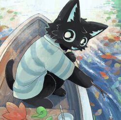 1boy animal_ears black_fur blue_shirt boat bright_pupils cat_boy cat_ears fang fangs from_above furry furry_male holding holding_stick leaf looking_at_viewer nabatabatabata open_mouth original outdoors shirt solo squatting stick striped_clothes water watercraft white_pupils