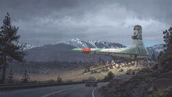 bird canoe car cloud cloudy_sky highres mascot military_vehicle motor_vehicle mountain no_humans official_art outdoors road simon_stalenhag sky the_electric_state tree